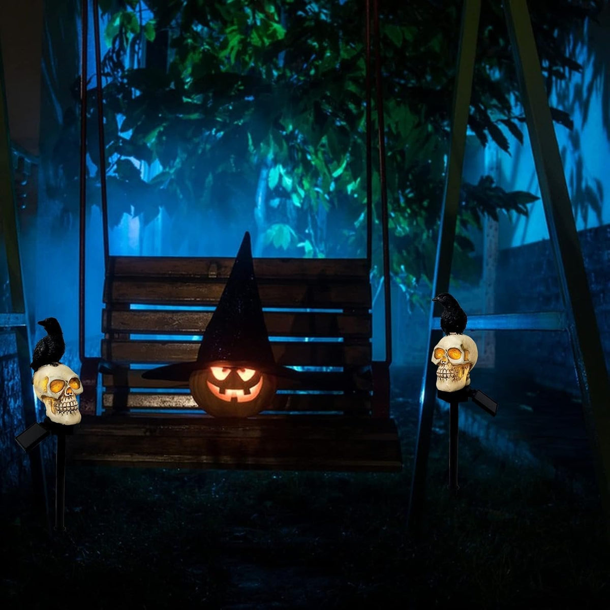 Raven Solar Halloween Pathway Lights - Halloween Decor Outdoor Skeleton Skull Head, Halloween Crows and Ravens Decor