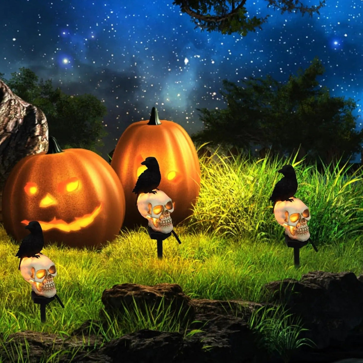 Raven Solar Halloween Pathway Lights - Halloween Decor Outdoor Skeleton Skull Head, Halloween Crows and Ravens Decor