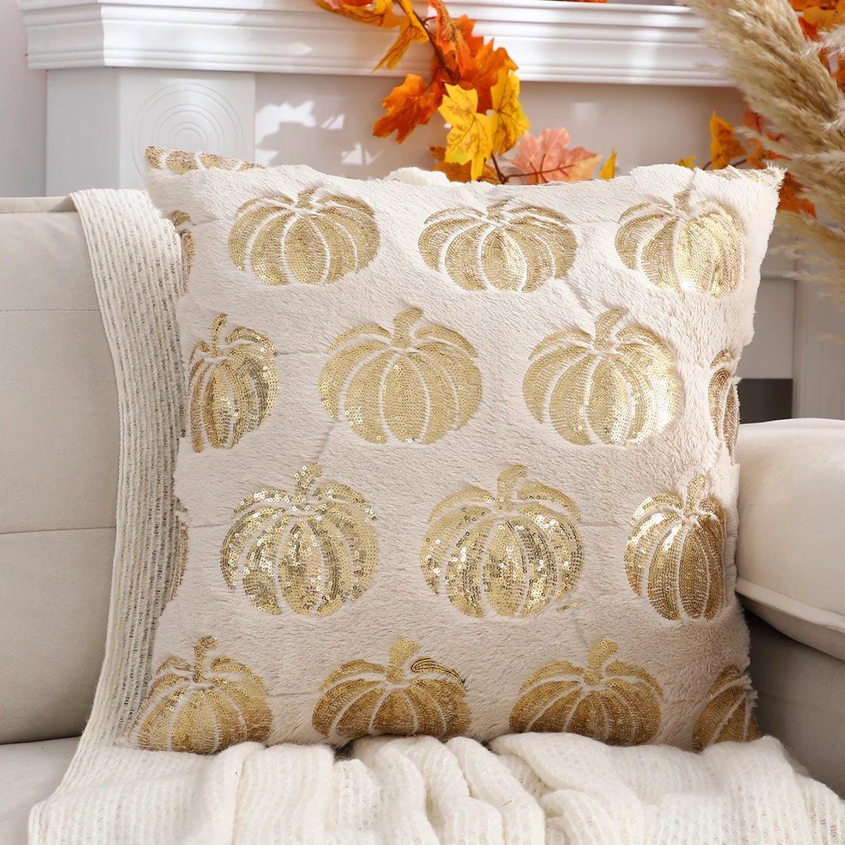 Halloween Pumpkin Throw Pillow Cover – Plush Sequin Embroidery with Zip Closure, Ideal for Cozy Living Room & Bedroom Décor