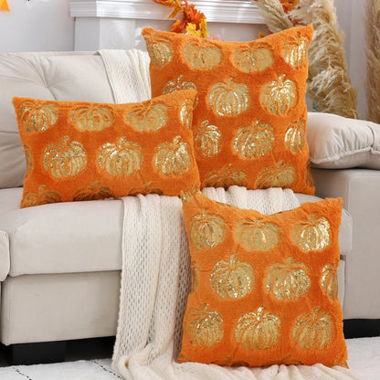 Halloween Pumpkin Throw Pillow Cover – Plush Sequin Embroidery with Zip Closure, Ideal for Cozy Living Room & Bedroom Décor