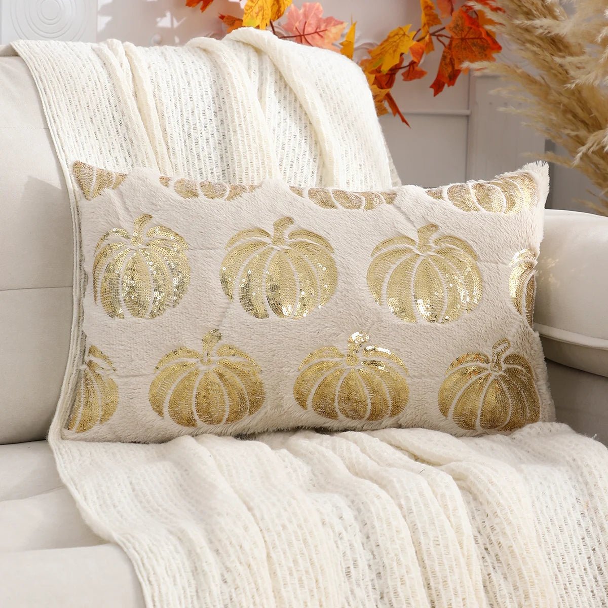 Halloween Pumpkin Throw Pillow Cover – Plush Sequin Embroidery with Zip Closure, Ideal for Cozy Living Room & Bedroom Décor