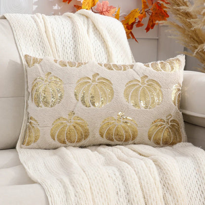Halloween Pumpkin Throw Pillow Cover – Plush Sequin Embroidery with Zip Closure, Ideal for Cozy Living Room & Bedroom Décor