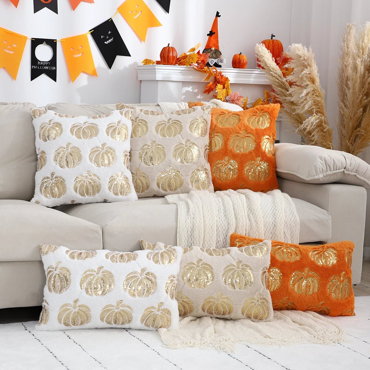 Halloween Pumpkin Throw Pillow Cover – Plush Sequin Embroidery with Zip Closure, Ideal for Cozy Living Room & Bedroom Décor