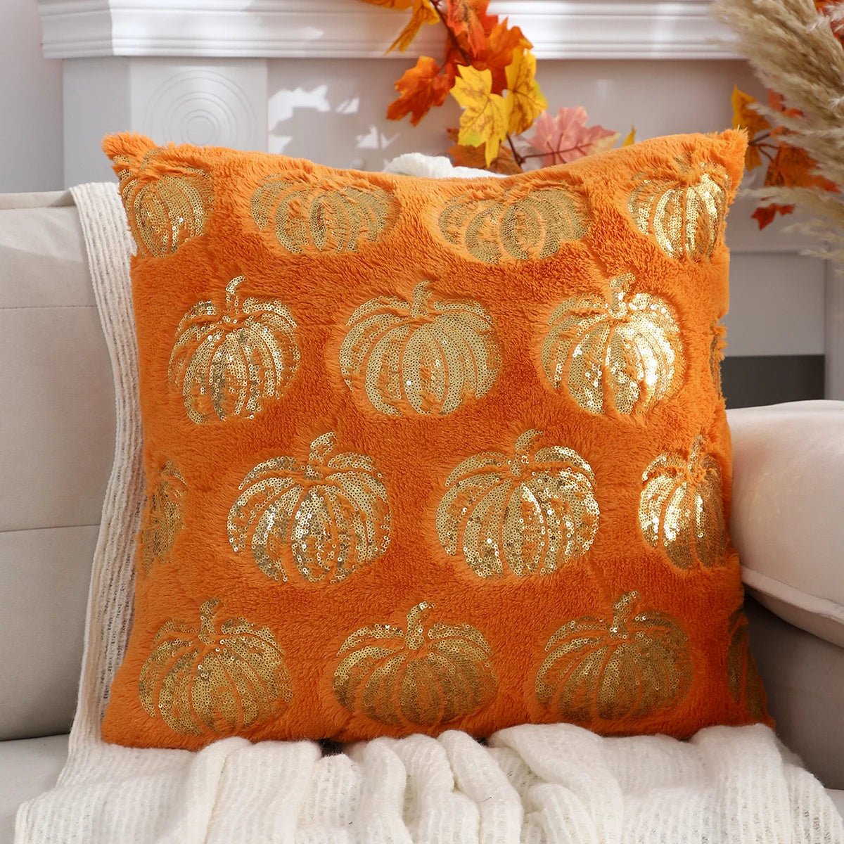 Halloween Pumpkin Throw Pillow Cover – Plush Sequin Embroidery with Zip Closure, Ideal for Cozy Living Room & Bedroom Décor