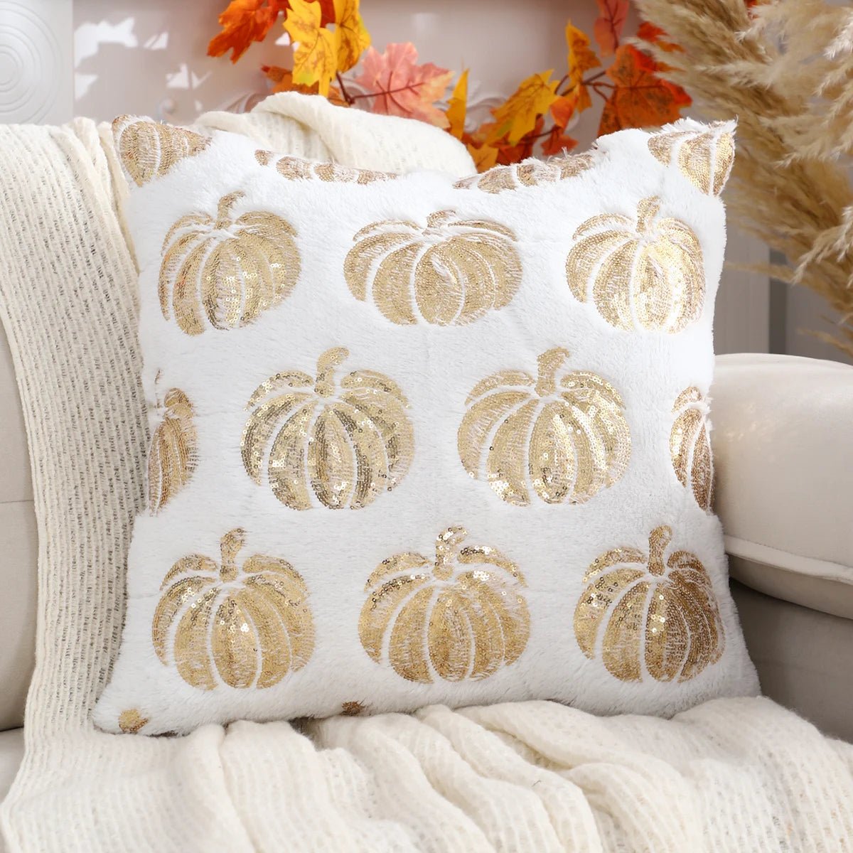 Halloween Pumpkin Throw Pillow Cover – Plush Sequin Embroidery with Zip Closure, Ideal for Cozy Living Room & Bedroom Décor