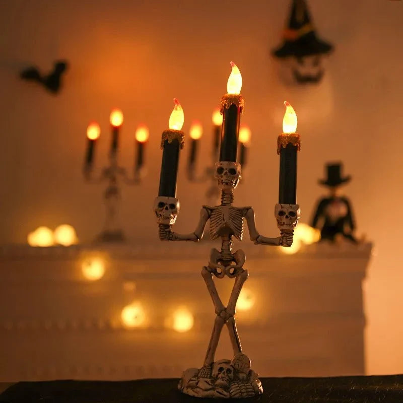 Halloween Skeleton Candlestick – Three-Head Skull Candelabra LED Lights Resin Gothic Halloween Prop Simulated Human Skull Candle Holder.