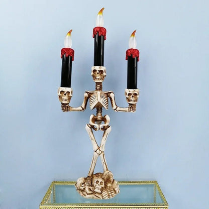 Halloween Skeleton Candlestick – Three-Head Skull Candelabra LED Lights Resin Gothic Halloween Prop Simulated Human Skull Candle Holder.