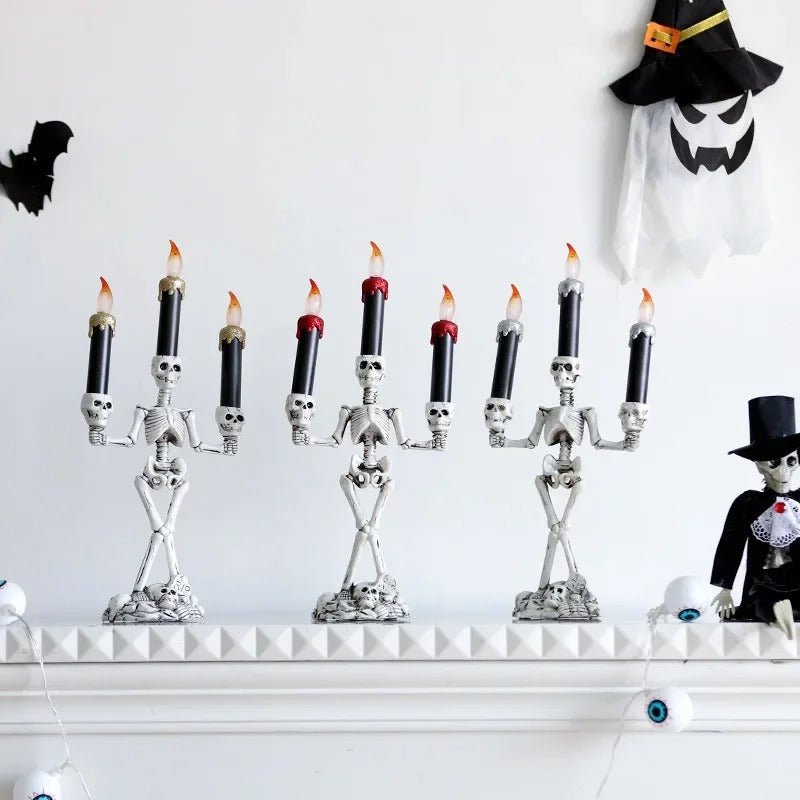 Halloween Skeleton Candlestick – Three-Head Skull Candelabra LED Lights Resin Gothic Halloween Prop Simulated Human Skull Candle Holder.