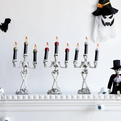 Halloween Skeleton Candlestick – Three-Head Skull Candelabra LED Lights Resin Gothic Halloween Prop Simulated Human Skull Candle Holder.