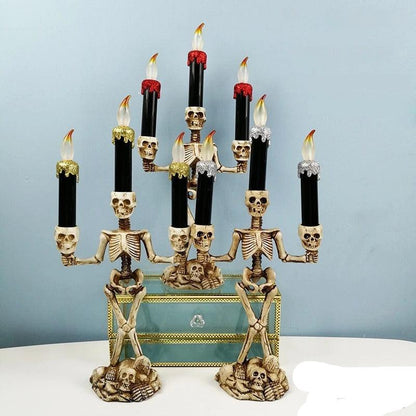 Halloween Skeleton Candlestick – Three-Head Skull Candelabra LED Lights Resin Gothic Halloween Prop Simulated Human Skull Candle Holder.