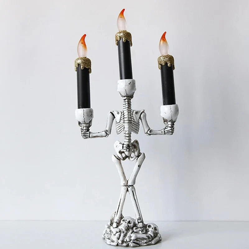 Halloween Skeleton Candlestick – Three-Head Skull Candelabra LED Lights Resin Gothic Halloween Prop Simulated Human Skull Candle Holder.