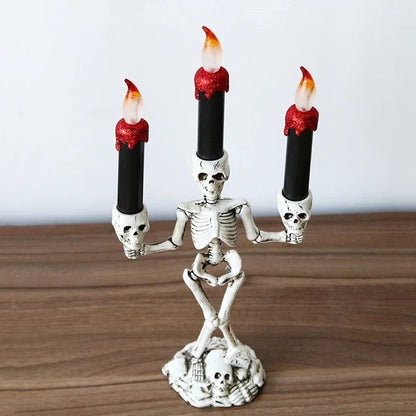 Halloween Skeleton Candlestick – Three-Head Skull Candelabra LED Lights Resin Gothic Halloween Prop Simulated Human Skull Candle Holder.