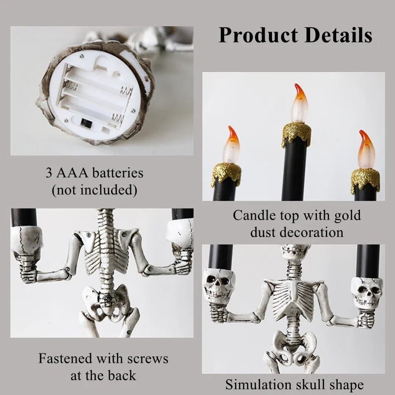 Halloween Skeleton Candlestick – Three-Head Skull Candelabra LED Lights Resin Gothic Halloween Prop Simulated Human Skull Candle Holder.