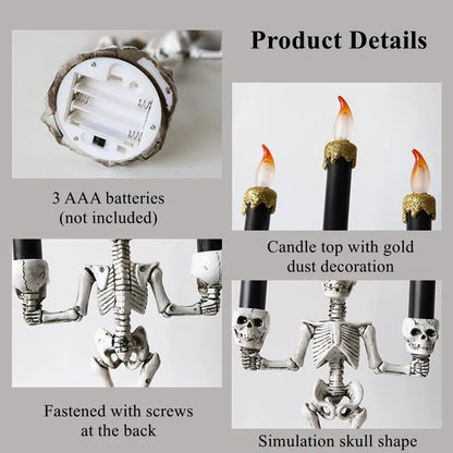Halloween Skeleton Candlestick – Three-Head Skull Candelabra LED Lights Resin Gothic Halloween Prop Simulated Human Skull Candle Holder.