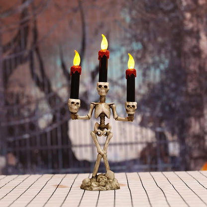 Halloween Skeleton Candlestick – Three-Head Skull Candelabra LED Lights Resin Gothic Halloween Prop Simulated Human Skull Candle Holder.