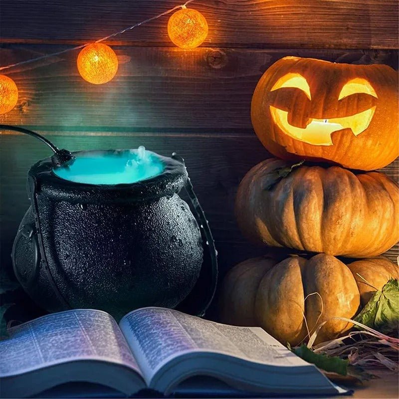 Halloween Witches Cauldron Lamp - Black Witch Jar Atomizer Lamp with LED Lights for Holiday Party Fog Smoke Making