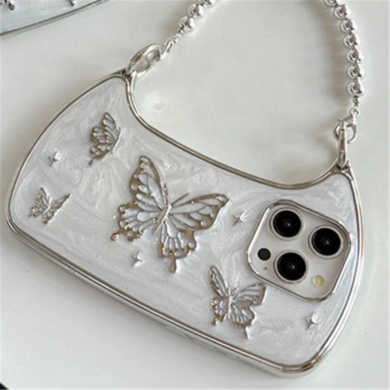 Hand Strap Butterfly Drip Glue Phone Case – 3D Shockproof iPhone Cover with Chic Chain Strap for Stylish Protection