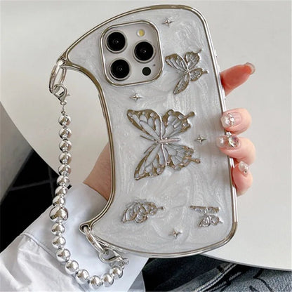 Hand Strap Butterfly Drip Glue Phone Case – 3D Shockproof iPhone Cover with Chic Chain Strap for Stylish Protection