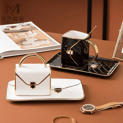 Handbag Inspired Ceramic Mug Set with Saucer & Spoon – Unique Bag Design, Perfect for Coffee, Tea & the Ultimate Birthday Gift
