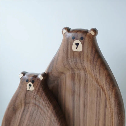 Handcrafted Black Walnut Bear Serving Plate – Elegant Japanese-Style Wooden Dish for Fruits, Snacks & Cozy Dining