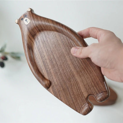 Handcrafted Black Walnut Bear Serving Plate – Elegant Japanese-Style Wooden Dish for Fruits, Snacks & Cozy Dining