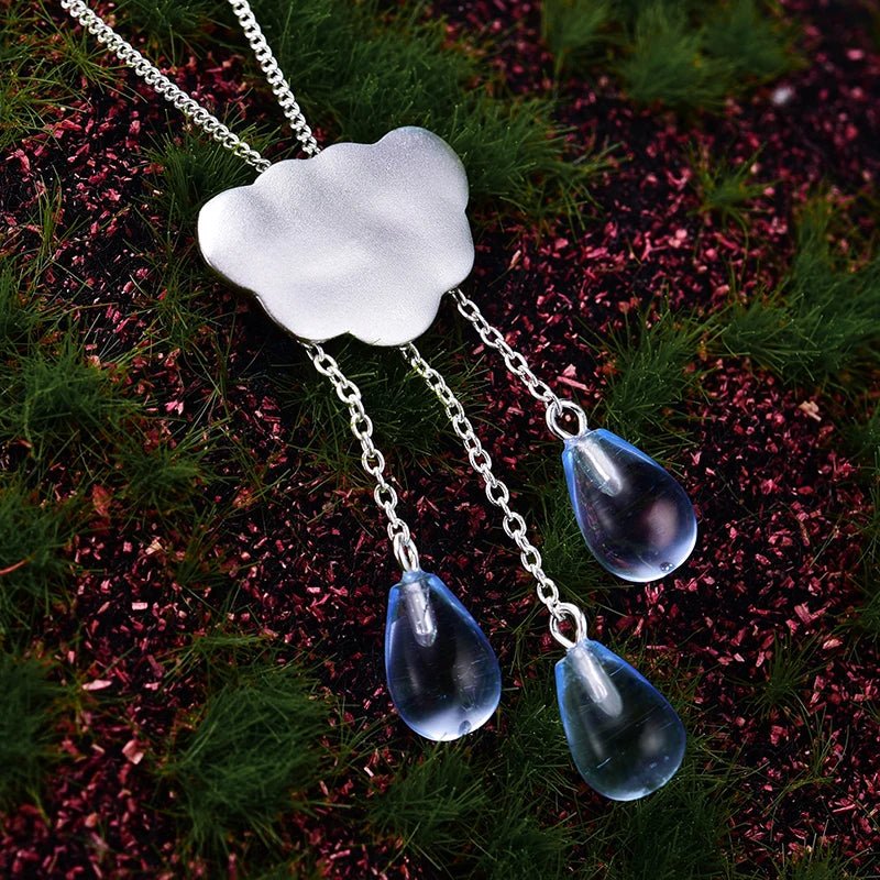 Handmade Lotus Rain Cloud Necklace – Real 925 Sterling Silver Long Tassel Jewelry for Women