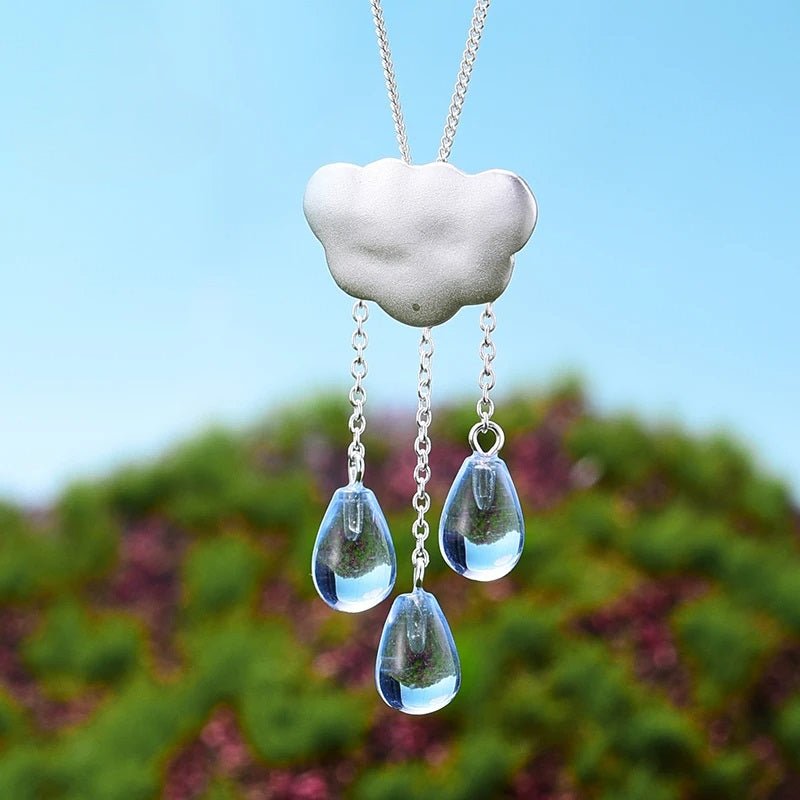 Handmade Lotus Rain Cloud Necklace – Real 925 Sterling Silver Long Tassel Jewelry for Women