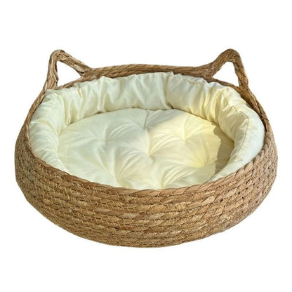 Handwoven Rattan Cat Bed – Cozy Scratch-Resistant Nest with Detachable, Washable Warmth Pad for Winter Comfort