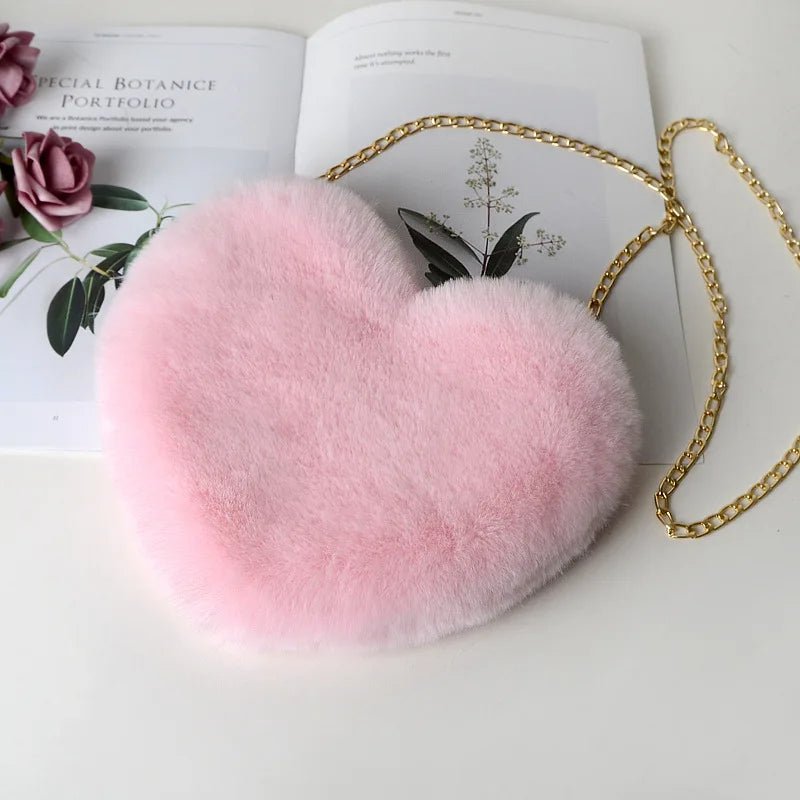 Heart-Shaped Fluffy Shoulder Bag – Fashionable Plush Crossbody with Chain for Valentine's Day