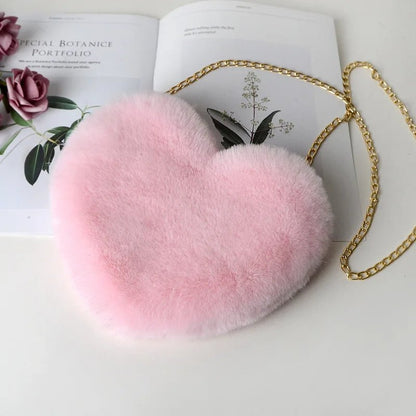 Heart-Shaped Fluffy Shoulder Bag – Fashionable Plush Crossbody with Chain for Valentine's Day