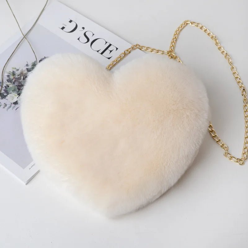 Heart-Shaped Fluffy Shoulder Bag – Fashionable Plush Crossbody with Chain for Valentine's Day