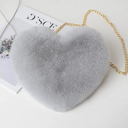 Heart-Shaped Fluffy Shoulder Bag – Fashionable Plush Crossbody with Chain for Valentine's Day