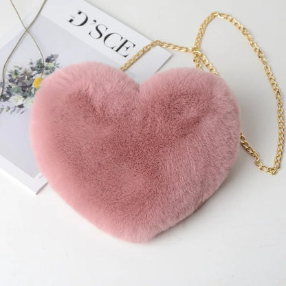 Heart-Shaped Fluffy Shoulder Bag – Fashionable Plush Crossbody with Chain for Valentine's Day