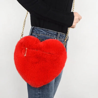 Heart-Shaped Fluffy Shoulder Bag – Fashionable Plush Crossbody with Chain for Valentine's Day