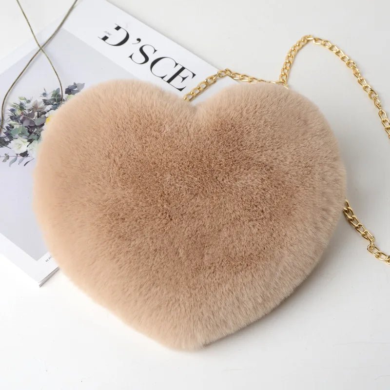 Heart-Shaped Fluffy Shoulder Bag – Fashionable Plush Crossbody with Chain for Valentine's Day