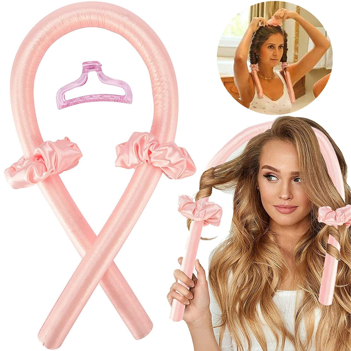 Headband Lazy Curler Set - Satin Curl Ribbon Hair Wrap with Scrunchie and Hair Clips to Get Natural Waves