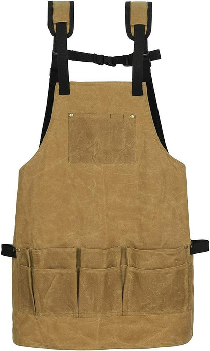 Waxed Canvas Work Apron with Tool Pockets - Heavy Duty Woodworking Shop Apron, Cross-Back Straps