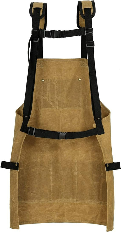 Waxed Canvas Work Apron with Tool Pockets - Heavy Duty Woodworking Shop Apron, Cross-Back Straps
