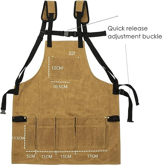 Waxed Canvas Work Apron with Tool Pockets - Heavy Duty Woodworking Shop Apron, Cross-Back Straps