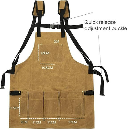 Waxed Canvas Work Apron with Tool Pockets - Heavy Duty Woodworking Shop Apron, Cross-Back Straps