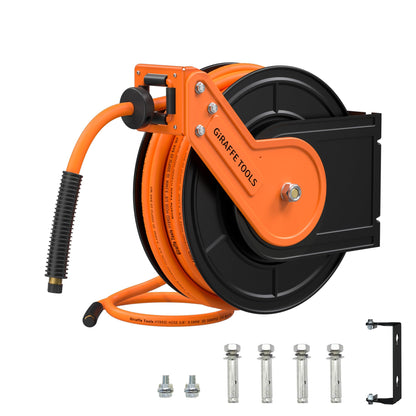 Heavy-Duty Retractable 50FT Air Hose Reel – Hybrid Compressor Hose with Wall Mount & Double Arm Stainless Steel Design
