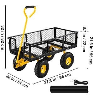 Heavy-Duty Steel Garden Cart – 500-1400lbs Capacity, Removable Mesh Sides for Versatile Flatbed Metal Wagon Use