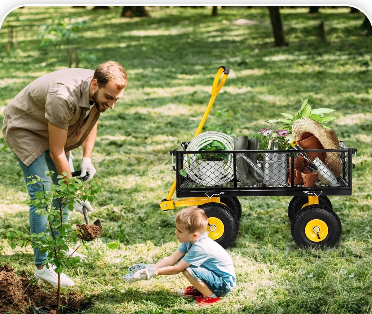 Heavy-Duty Steel Garden Cart – 500-1400lbs Capacity, Removable Mesh Sides for Versatile Flatbed Metal Wagon Use