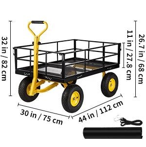Heavy-Duty Steel Garden Cart – 500-1400lbs Capacity, Removable Mesh Sides for Versatile Flatbed Metal Wagon Use