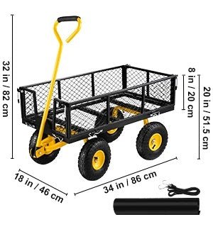 Heavy-Duty Steel Garden Cart – 500-1400lbs Capacity, Removable Mesh Sides for Versatile Flatbed Metal Wagon Use