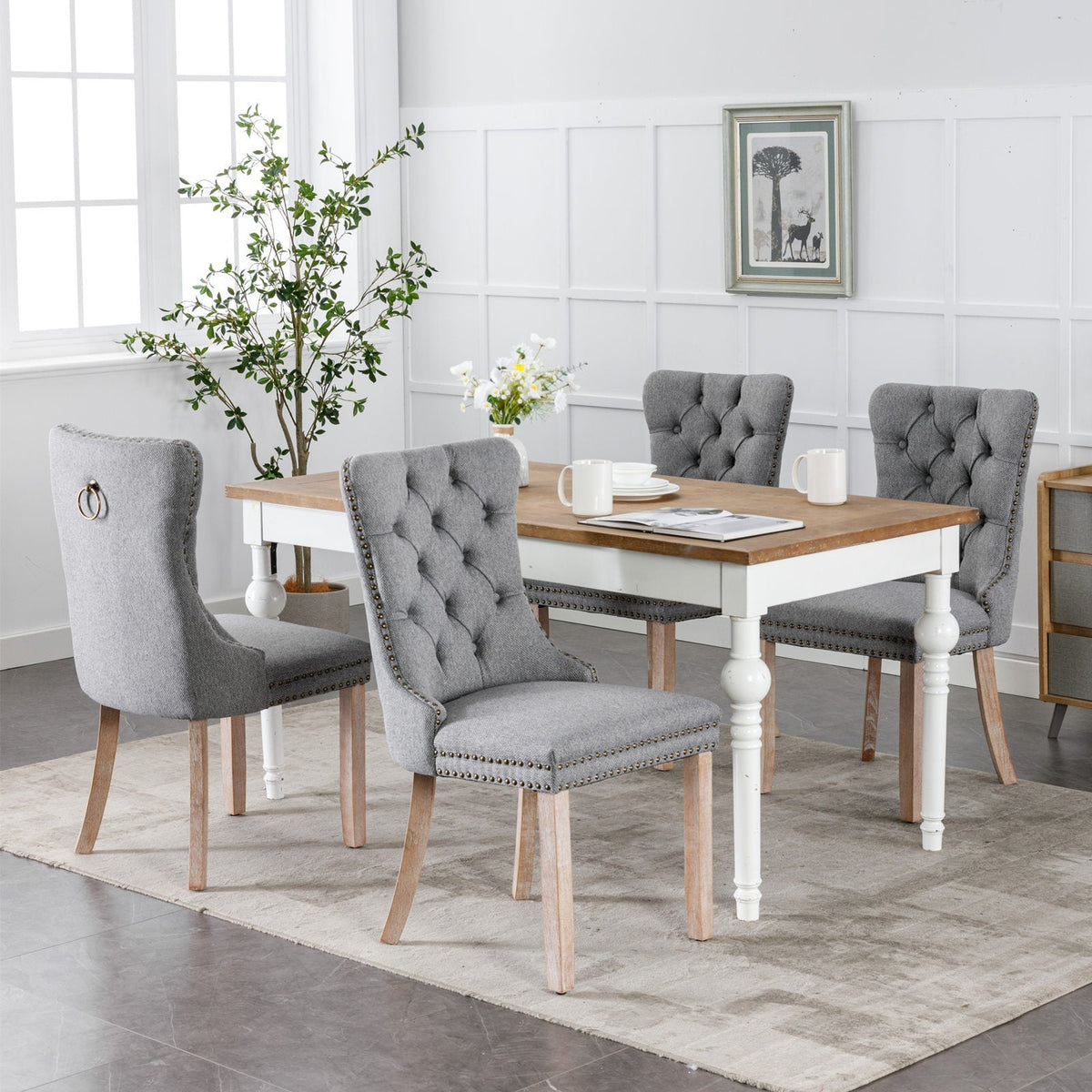 High-End Tufted Solid Wood Contemporary Flax Upholstered Linen Dining Chairs with Wood Legs and Nailhead Trim, 2-Piece Set ( Gray )