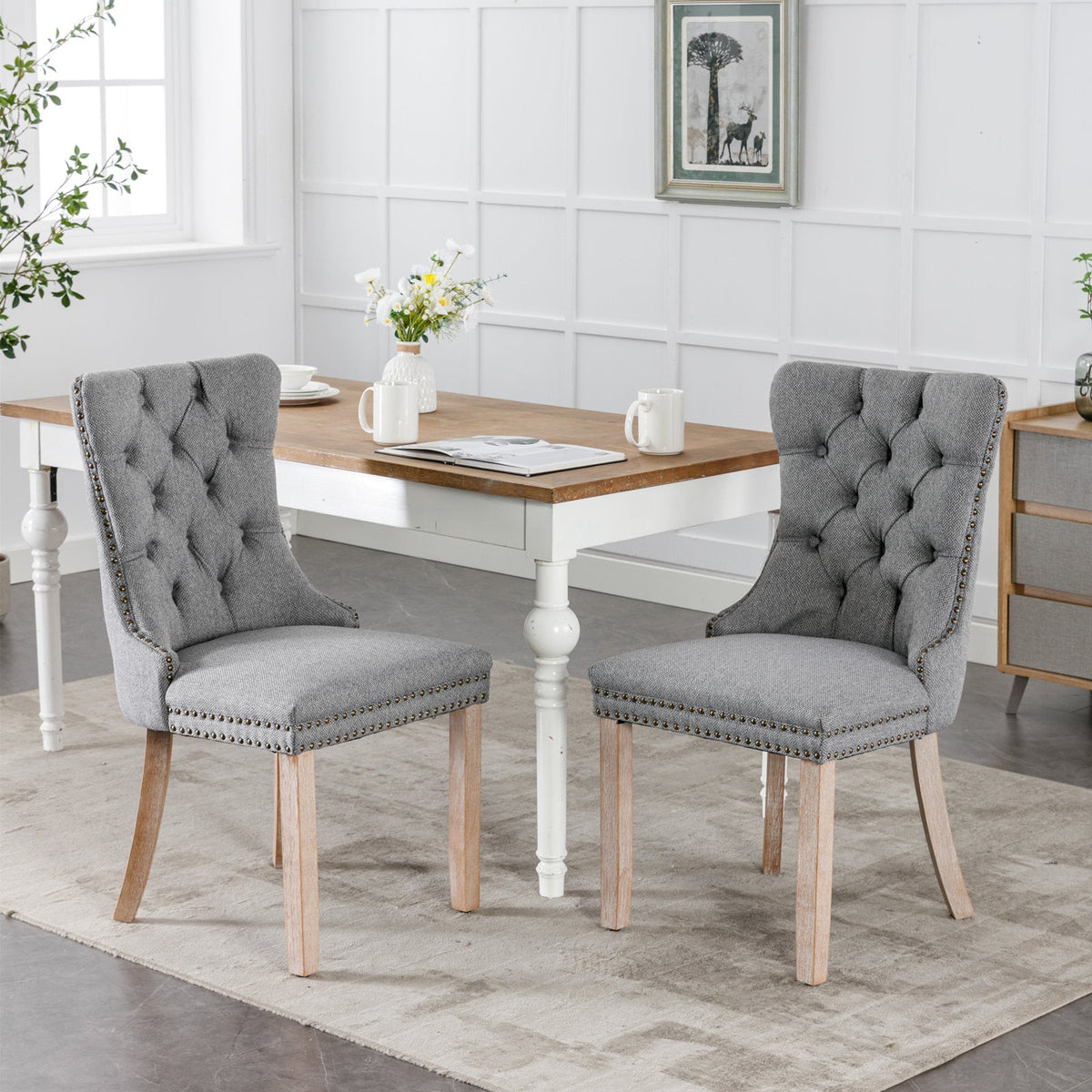 High-End Tufted Solid Wood Contemporary Flax Upholstered Linen Dining Chairs with Wood Legs and Nailhead Trim, 2-Piece Set ( Gray )