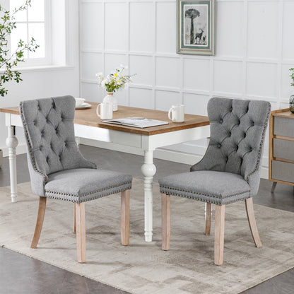 High-End Tufted Solid Wood Contemporary Flax Upholstered Linen Dining Chairs with Wood Legs and Nailhead Trim, 2-Piece Set ( Gray )