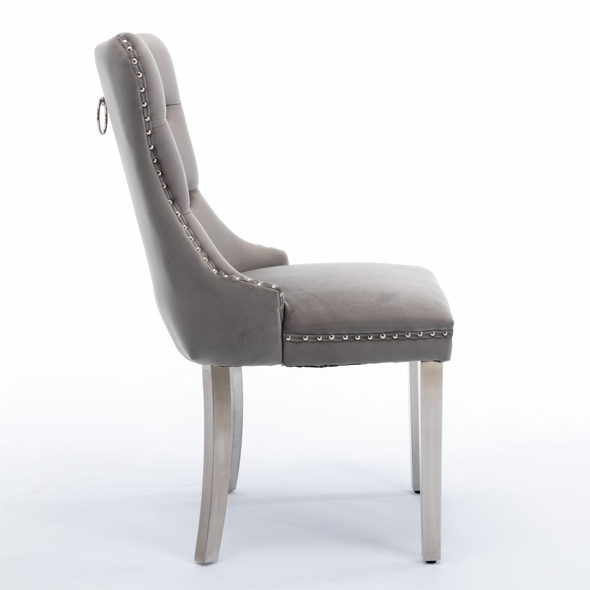 High-end Tufted Solid Wood Velvet Soft Cushion Dining Chair with Chrome-plated Legs and Nail Decoration, Gray and Chrome ( 2pcs Set )