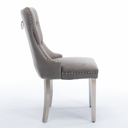 High-end Tufted Solid Wood Velvet Soft Cushion Dining Chair with Chrome-plated Legs and Nail Decoration, Gray and Chrome ( 2pcs Set )